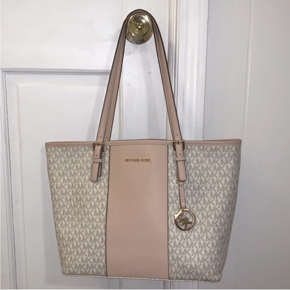 Michael Kors Monogram Beige and Pink Tote - Picture 2 of 13